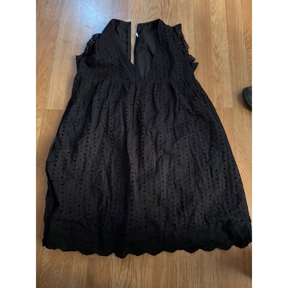 Black Eyelet Lace Babydoll Mini Dress skortSleeveless Scalloped Hem V-Neck Boho